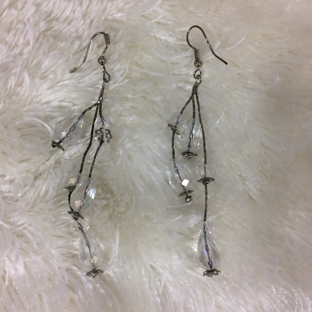 Clear Crystal & Silver Drop Dangling Hook Earrings - Picture 3 of 7